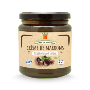 Pot de crème de marrons bio Comtes de Provence, délice gourmand à tartiner, avec un visuel de marrons entiers et des labels PME et Made in France.