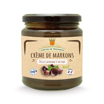 Pot de crème de marrons bio Comtes de Provence, délice gourmand à tartiner, avec un visuel de marrons entiers et des labels PME et Made in France.