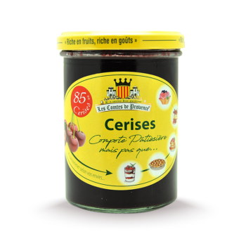 Pot de compote de cerises étiqueté Les Comtes de Provence.