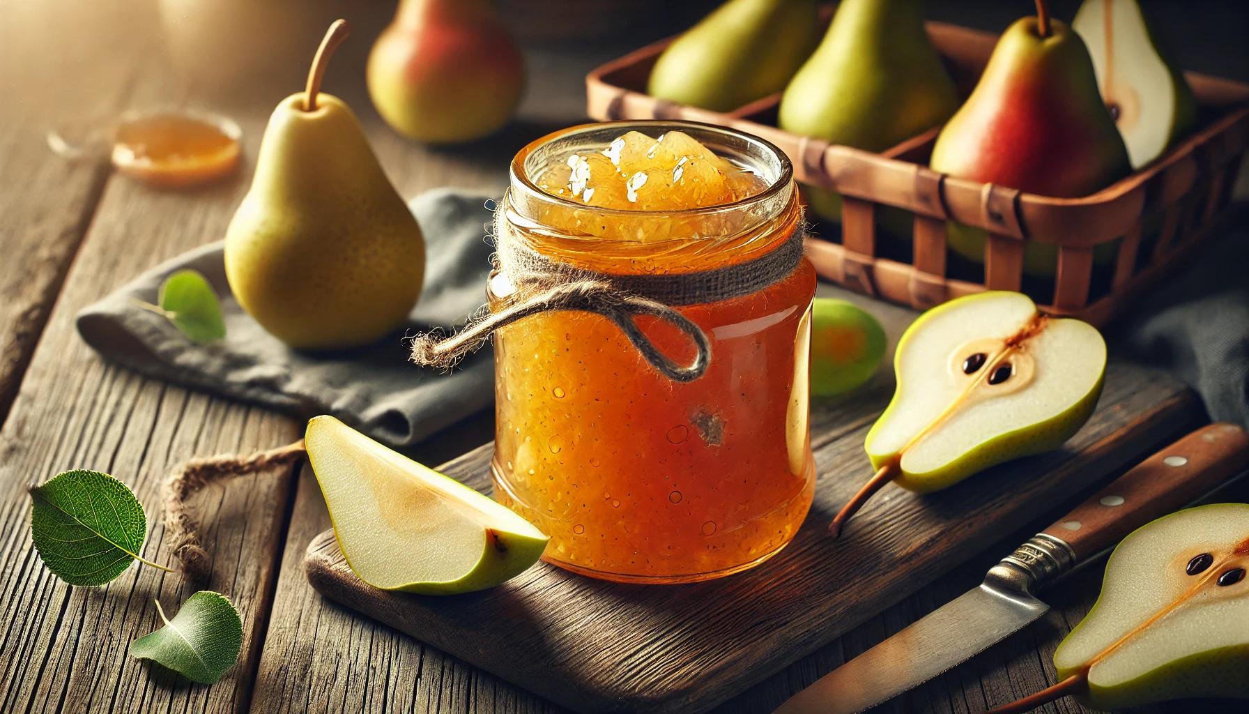 Pot de confiture de poires maison placé sur une table en bois rustique, entouré de poires fraîches et de tranches de poires. La confiture brille sous une lumière naturelle, mettant en valeur sa texture dorée et artisanale