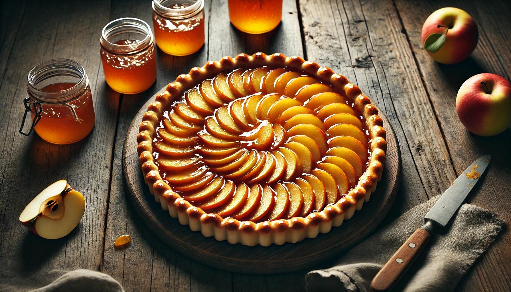 Tarte fine aux pommes faite maison, disposée sur une table rustique en bois. La pâte dorée et croustillante est garnie de pommes finement tranchées, nappées de confiture d'abricot pour un effet brillant et gourmand