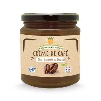 Pot de crème de café biologique de la marque Comtes de Provence, délice gourmand à tartiner, avec un packaging naturel et des logos indiquant une fabrication française et un engagement PME+